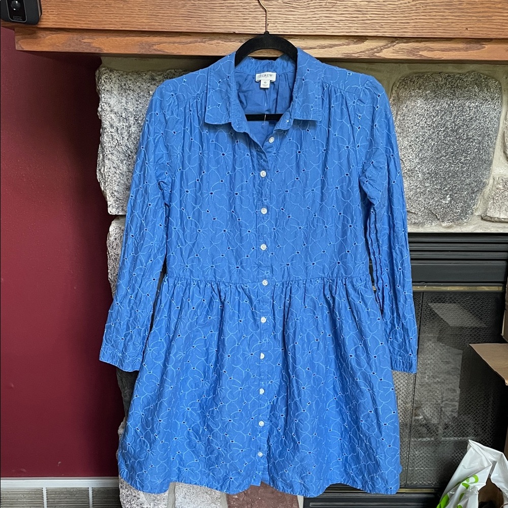 J. Crew Blue Long Sleeve Eyelet Button-Front Dress